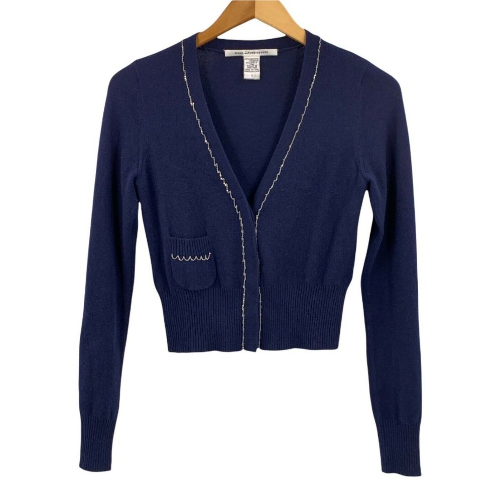 DVF Navy Blue 100% Cashmere Cardigan Chain Trim Size Small Diane Von Furstenberg